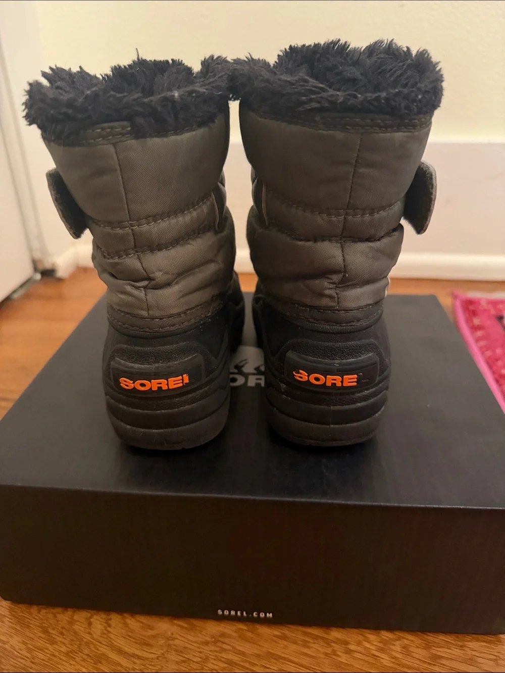 Sorel Kids Olive Green and Black Winter Boots with Orange Logo
